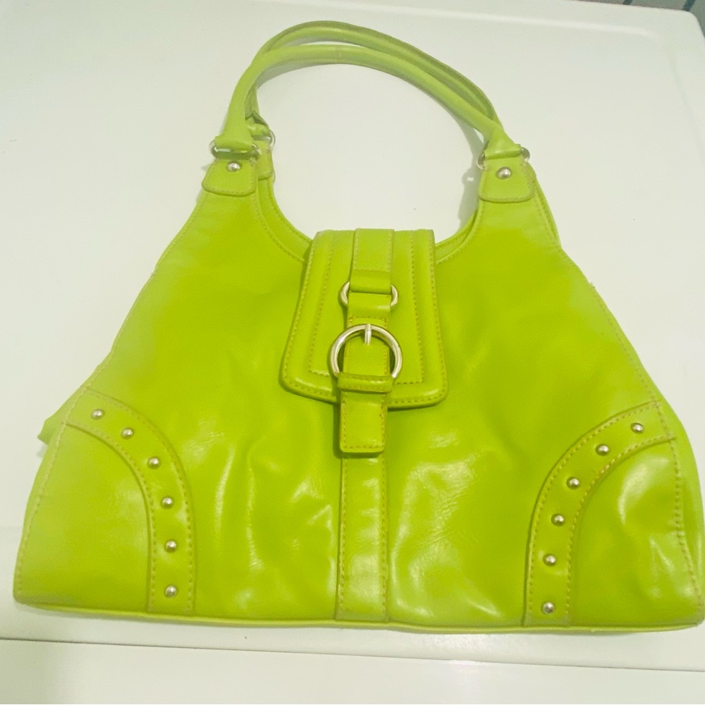 Vibrant Lime Green Women’s Shoulder Bag with Stud Accents